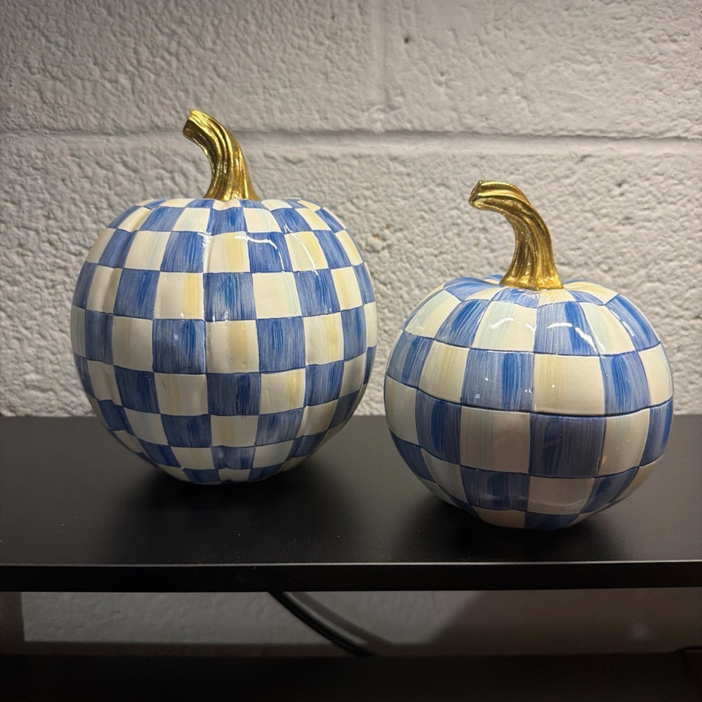 MacKenzie- Childs Set of 2 Mini Pumpkins In Royal Check Pattern